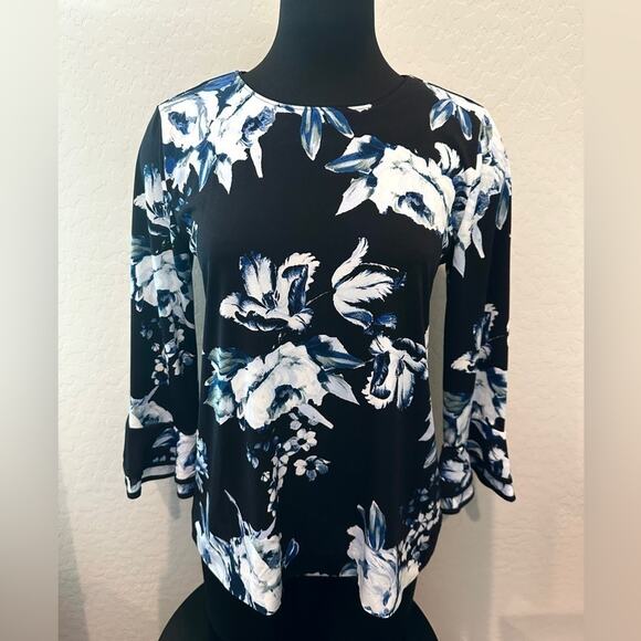 KARL LAGERFELD | Black White Blue Floral Bell Sleeve Blouse Top | Size Medium - Picture 2 of 7